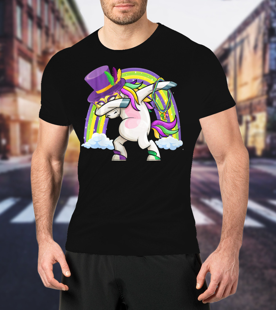 Mardi Gras Dabbing Unicorn Masked With Beads And Hat T-Shirt