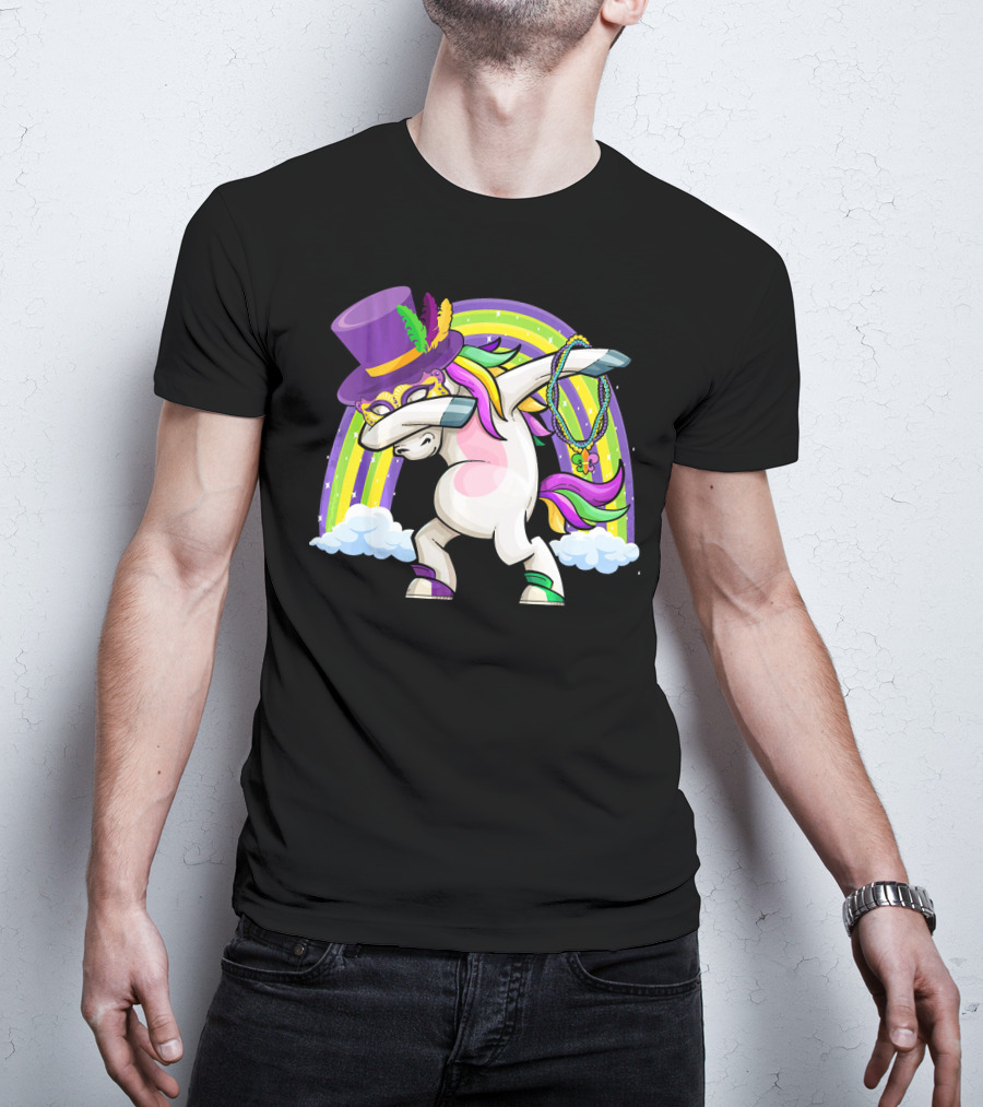 Mardi Gras Dabbing Unicorn Masked With Beads And Hat T-Shirt