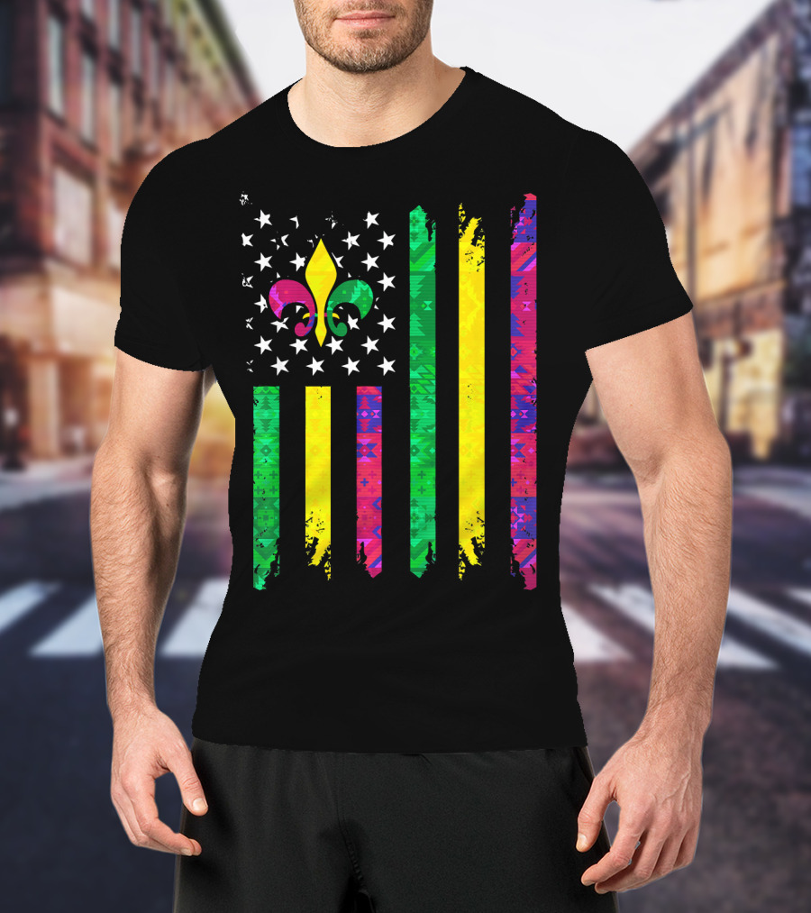 Mardi Gras Colors Fleur De Lis American Flag T-Shirt