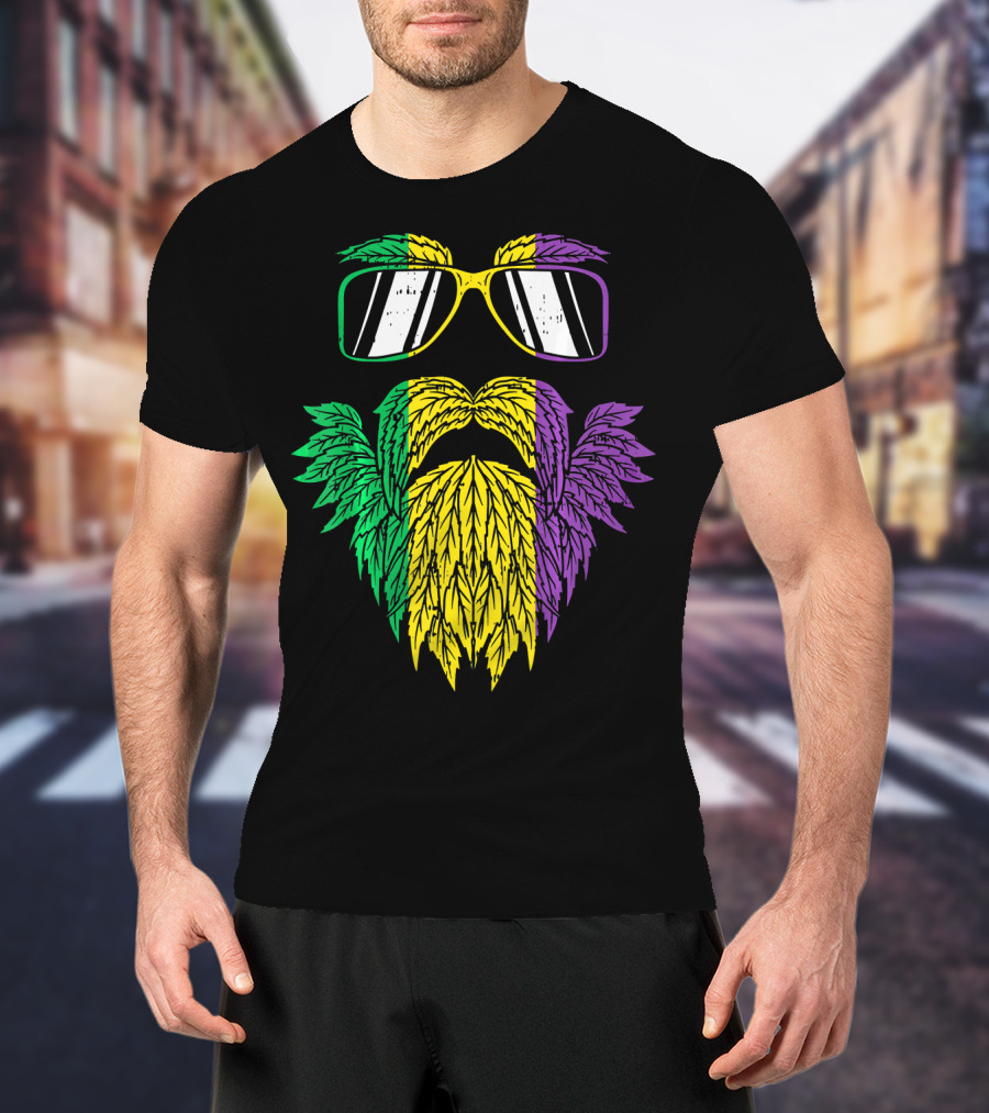 Purple Green Yellow Beard Sunglasses Mardi Gras Hipster T-Shirt