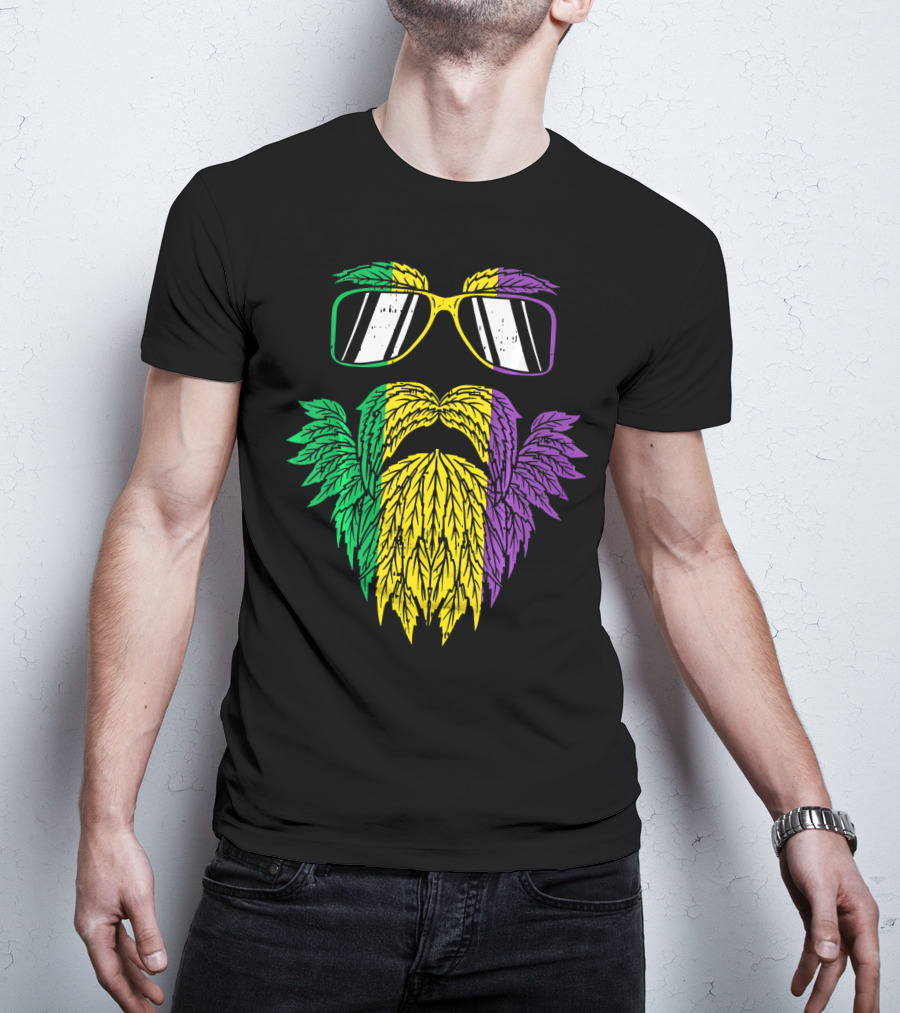 Purple Green Yellow Beard Sunglasses Mardi Gras Hipster T-Shirt