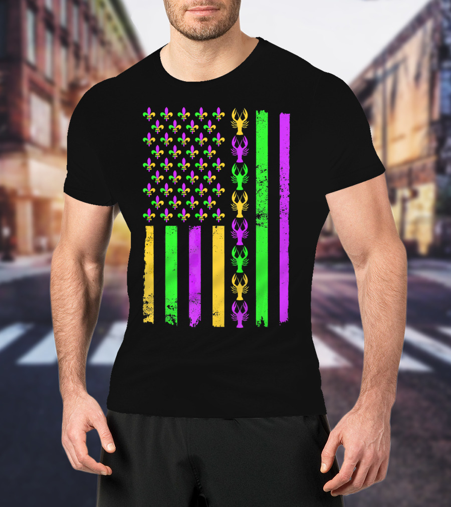 American Flag Fleur De Lis Crawfish Mardi Gras Colors T-Shirt