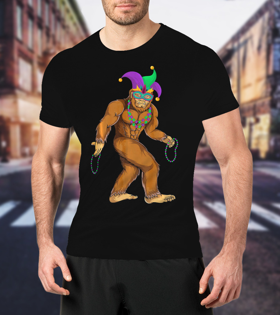 Mardi Gras Bigfoot Wearing Jester Hat Mask And Beads T-Shirt