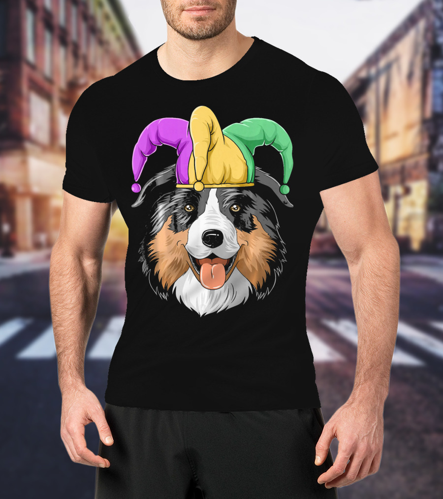 Australian Shepherd Mardi Gras Jester Hat T-Shirt
