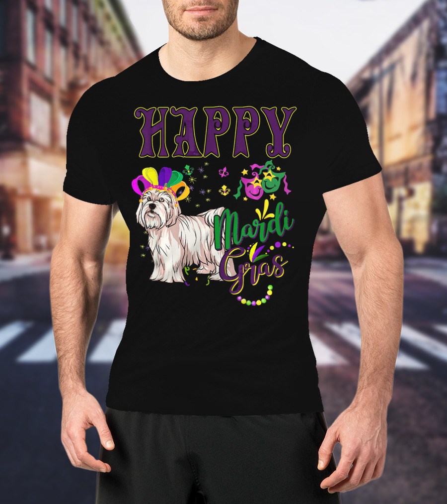Happy Mardi Gras Maltese With Colorful Masks And Beads T-Shirt