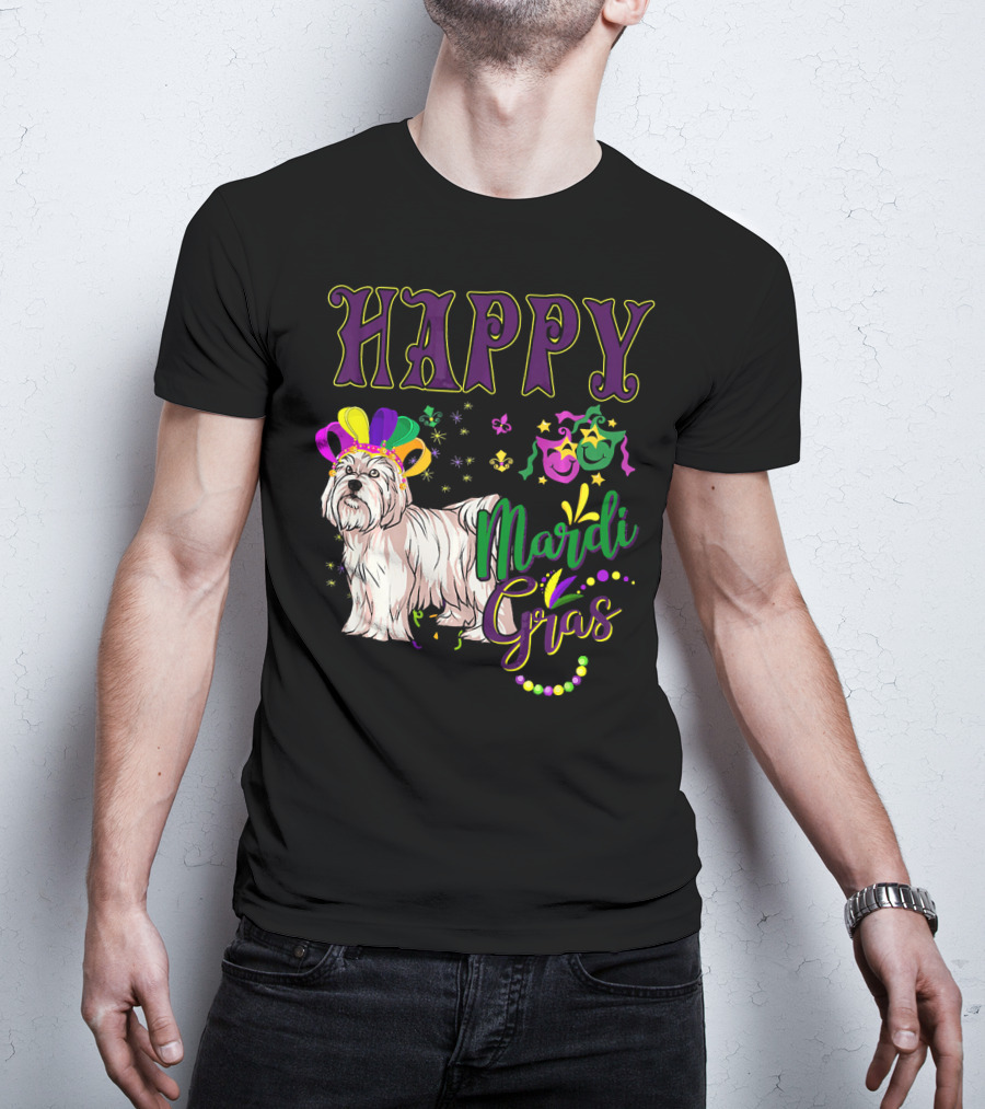 Happy Mardi Gras Maltese With Colorful Masks And Beads T-Shirt