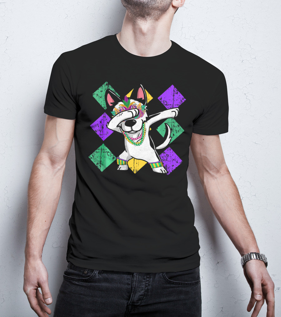 Funny Husky Dabbing In Colorful Mardi Gras Mask With Beads And Festive Diamonds T-Shirt