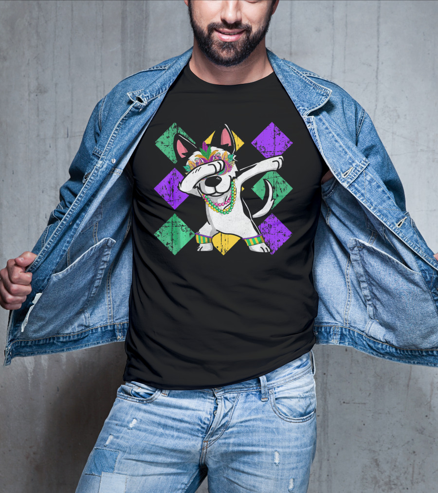 Funny Husky Dabbing In Colorful Mardi Gras Mask With Beads And Festive Diamonds T-Shirt