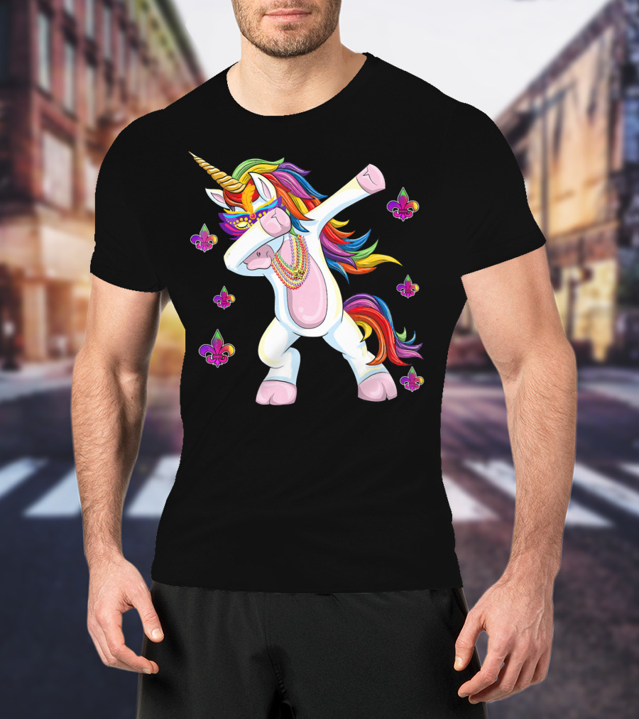 Mardi Gras New Orleans Unicorn Dabbing Fleur-de-Lis Beads T-Shirt