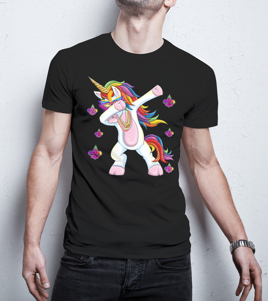 Mardi Gras New Orleans Unicorn Dabbing Fleur-de-Lis Beads T-Shirt