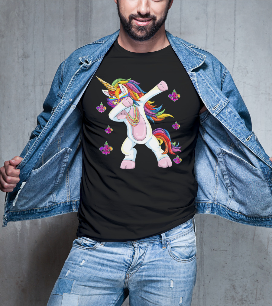Mardi Gras New Orleans Unicorn Dabbing Fleur-de-Lis Beads T-Shirt