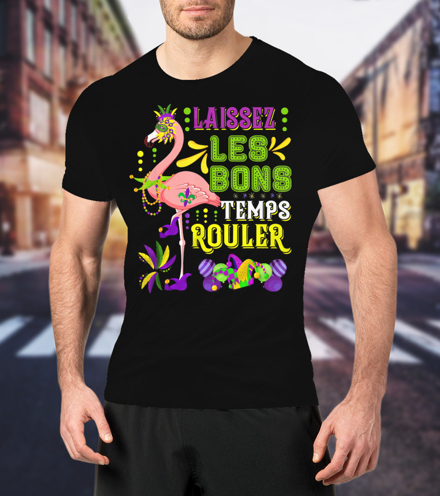 LAISSEZ LES BONS TEMPS ROULER Flamingo Mardi Gras Beads T-Shirt