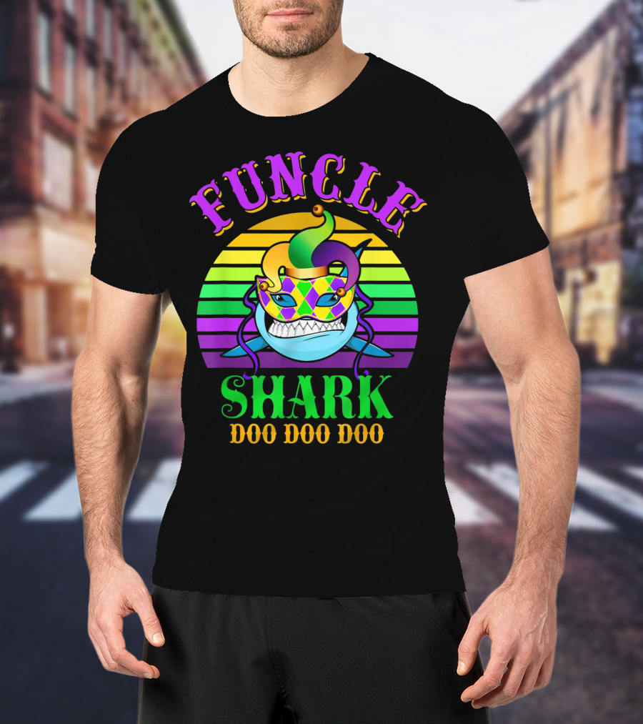 Funcle Shark Doo Doo Doo Mardi Gras Jester Mask T-Shirt