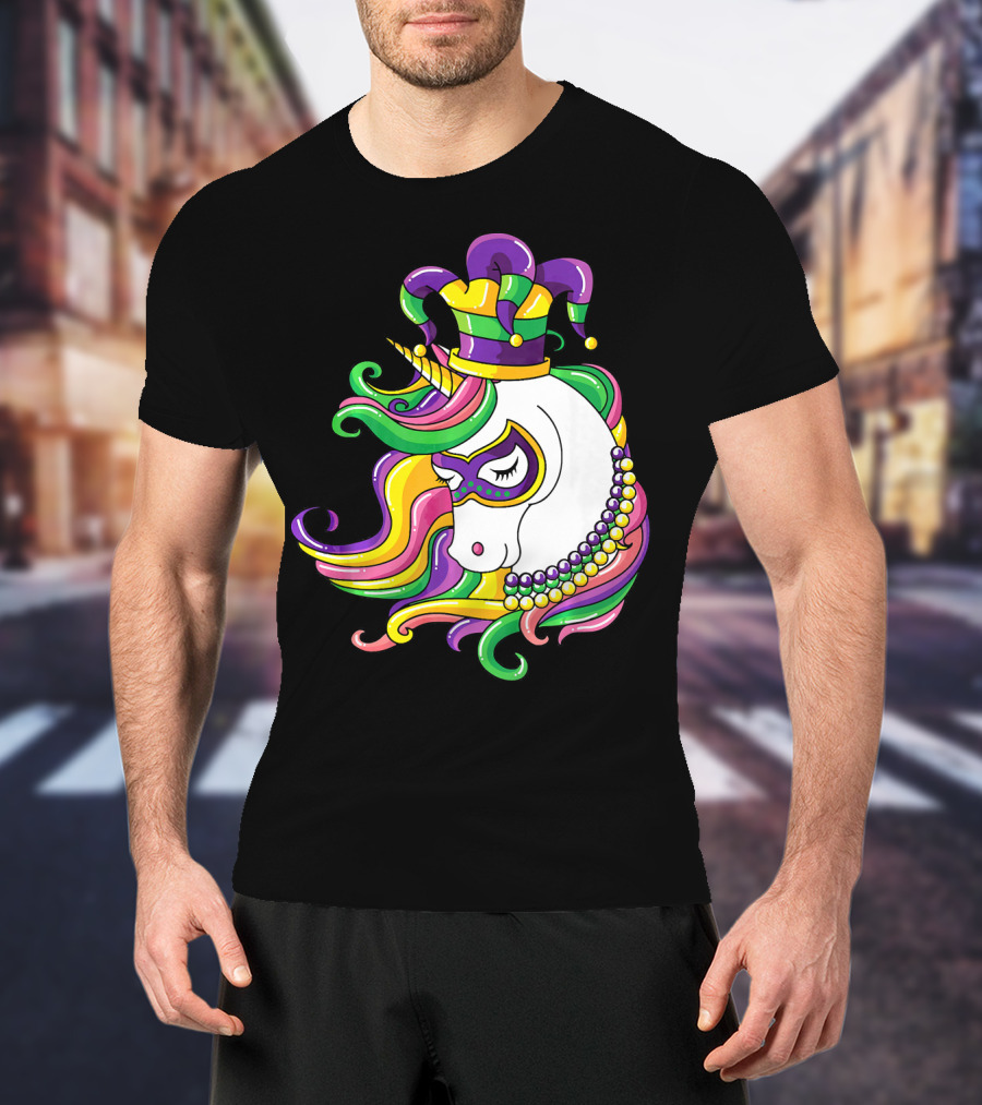 Jester Hat Rainbow Unicorn Mardi Gras Beads T-Shirt