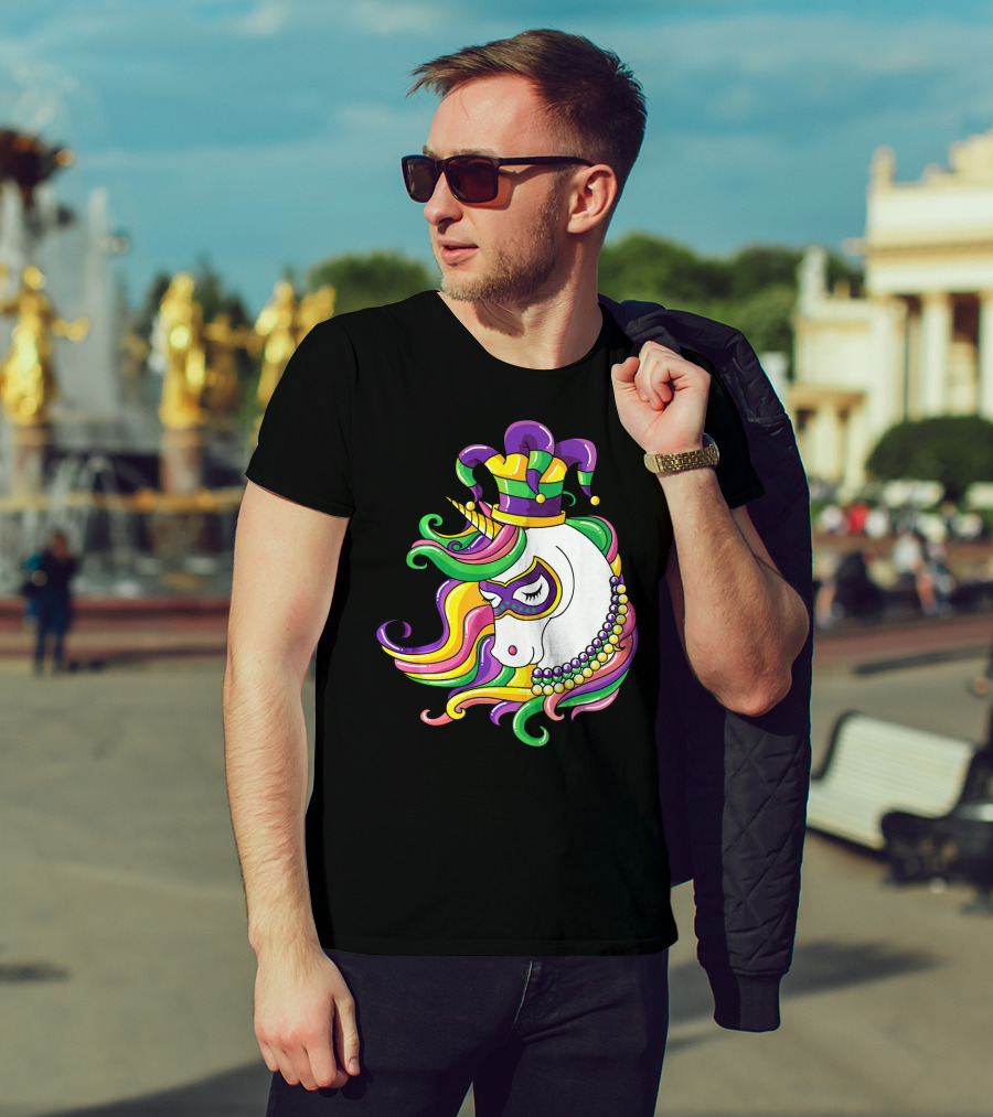 Jester Hat Rainbow Unicorn Mardi Gras Beads T-Shirt