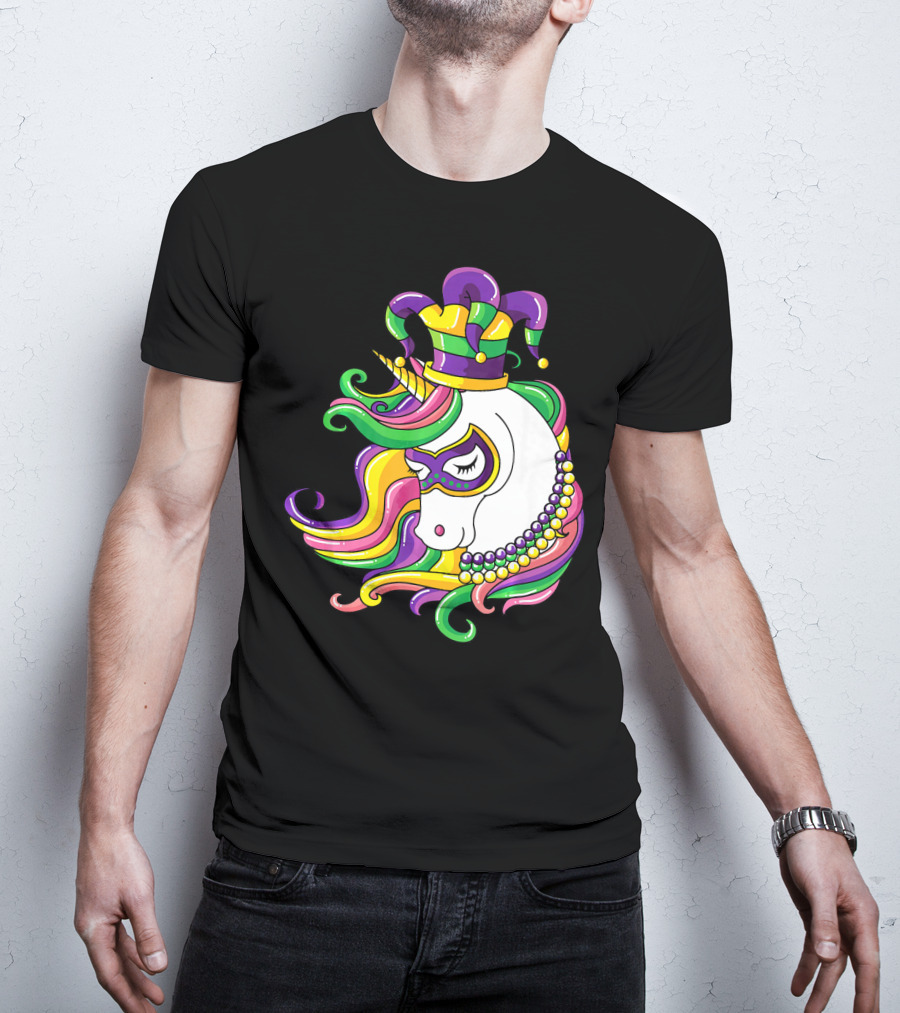 Jester Hat Rainbow Unicorn Mardi Gras Beads T-Shirt