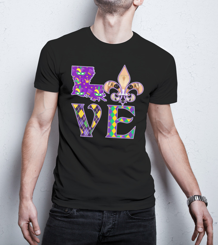 Louisiana Love Mardi Gras Corgi Fleur-de-Lis Mask T-Shirt