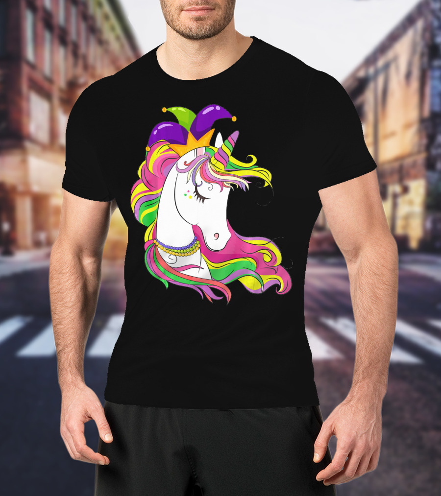 Jester Rainbow Unicorn Mardi Gras Costume With Colorful Mane And Hat T-Shirt