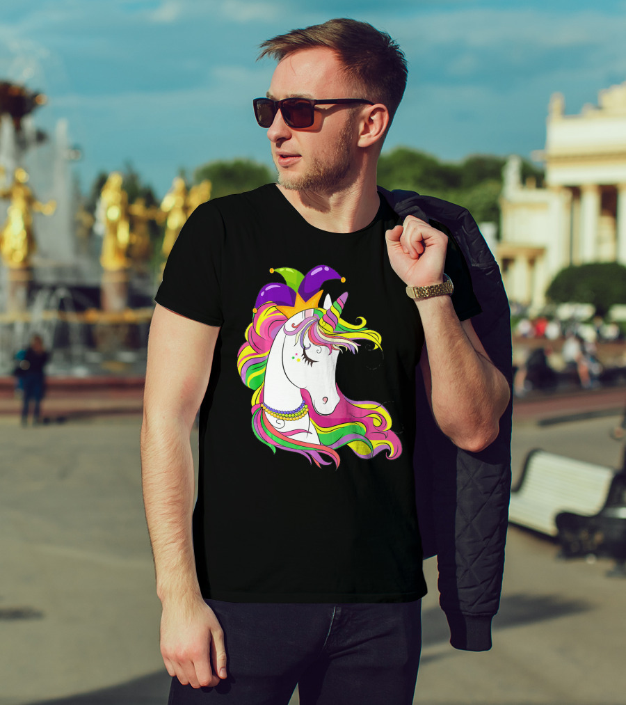 Jester Rainbow Unicorn Mardi Gras Costume With Colorful Mane And Hat T-Shirt