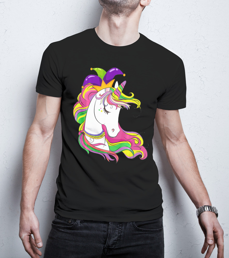 Jester Rainbow Unicorn Mardi Gras Costume With Colorful Mane And Hat T-Shirt