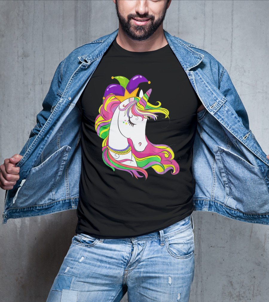 Jester Rainbow Unicorn Mardi Gras Costume With Colorful Mane And Hat T-Shirt