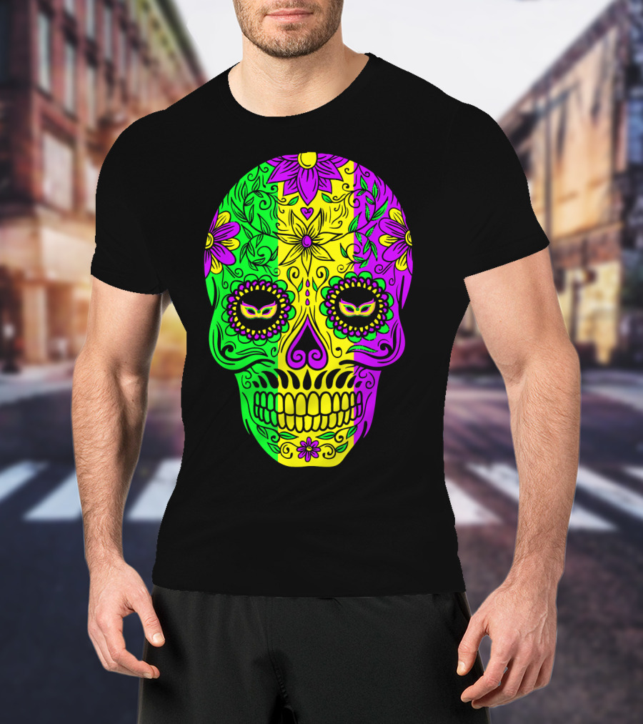 Mardi Gras Sugar Skull With Jester Hat Design And Colorful Floral T-Shirt