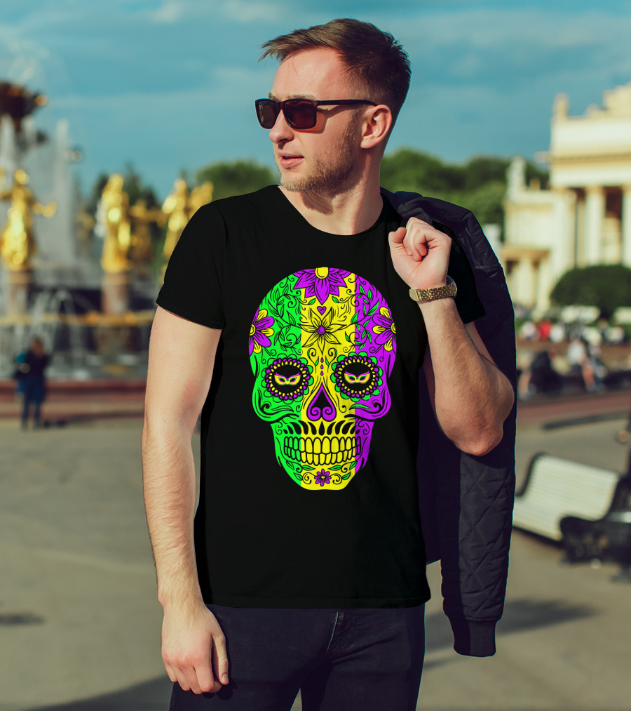 Mardi Gras Sugar Skull With Jester Hat Design And Colorful Floral T-Shirt
