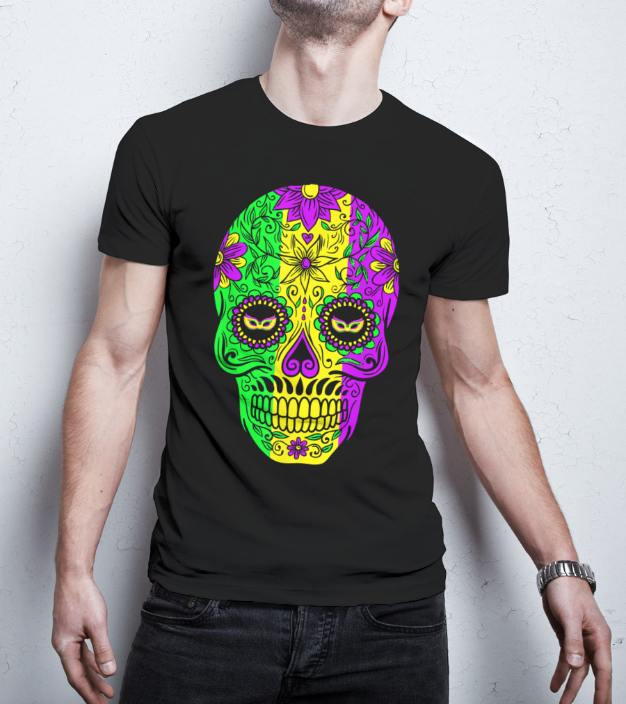 Mardi Gras Sugar Skull With Jester Hat Design And Colorful Floral T-Shirt