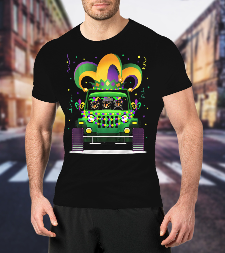 Dachshund Riding Jeep Mardi Gras Beads Jester Hat T-Shirt