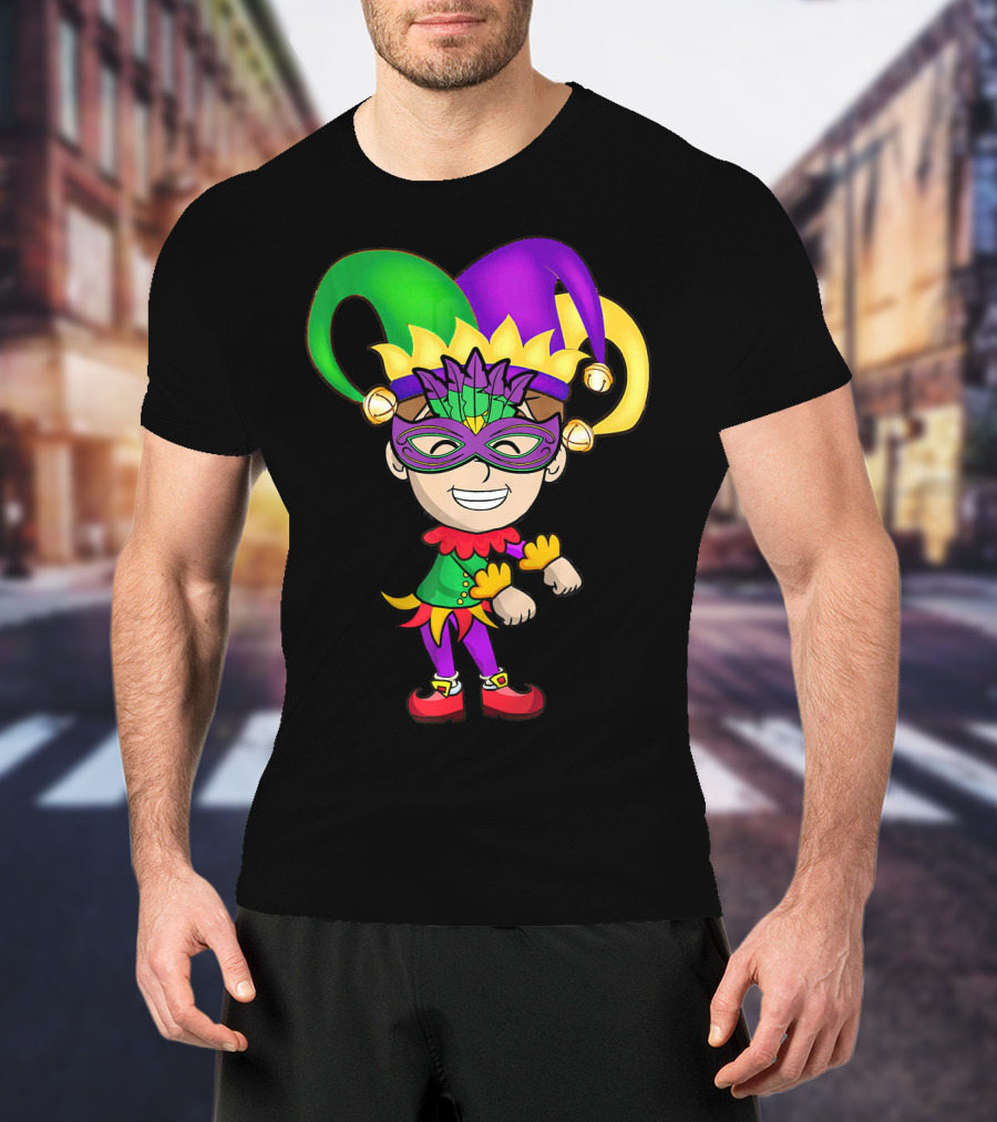 Mardi Gras Jester Kid Flossing Dance Colorful Mask And Costume T-Shirt