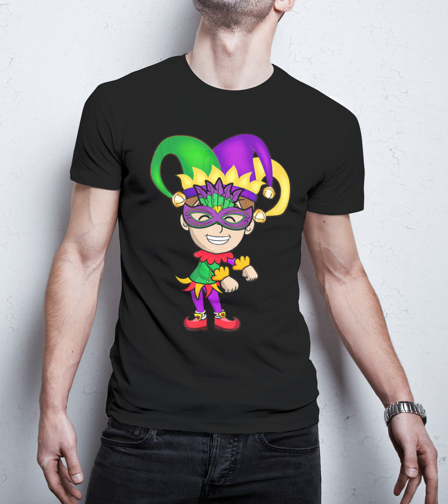 Mardi Gras Jester Kid Flossing Dance Colorful Mask And Costume T-Shirt