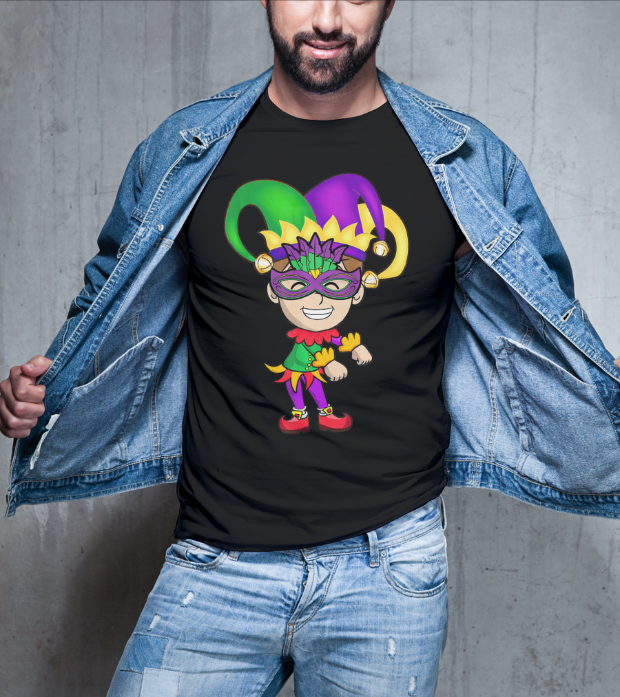 Mardi Gras Jester Kid Flossing Dance Colorful Mask And Costume T-Shirt