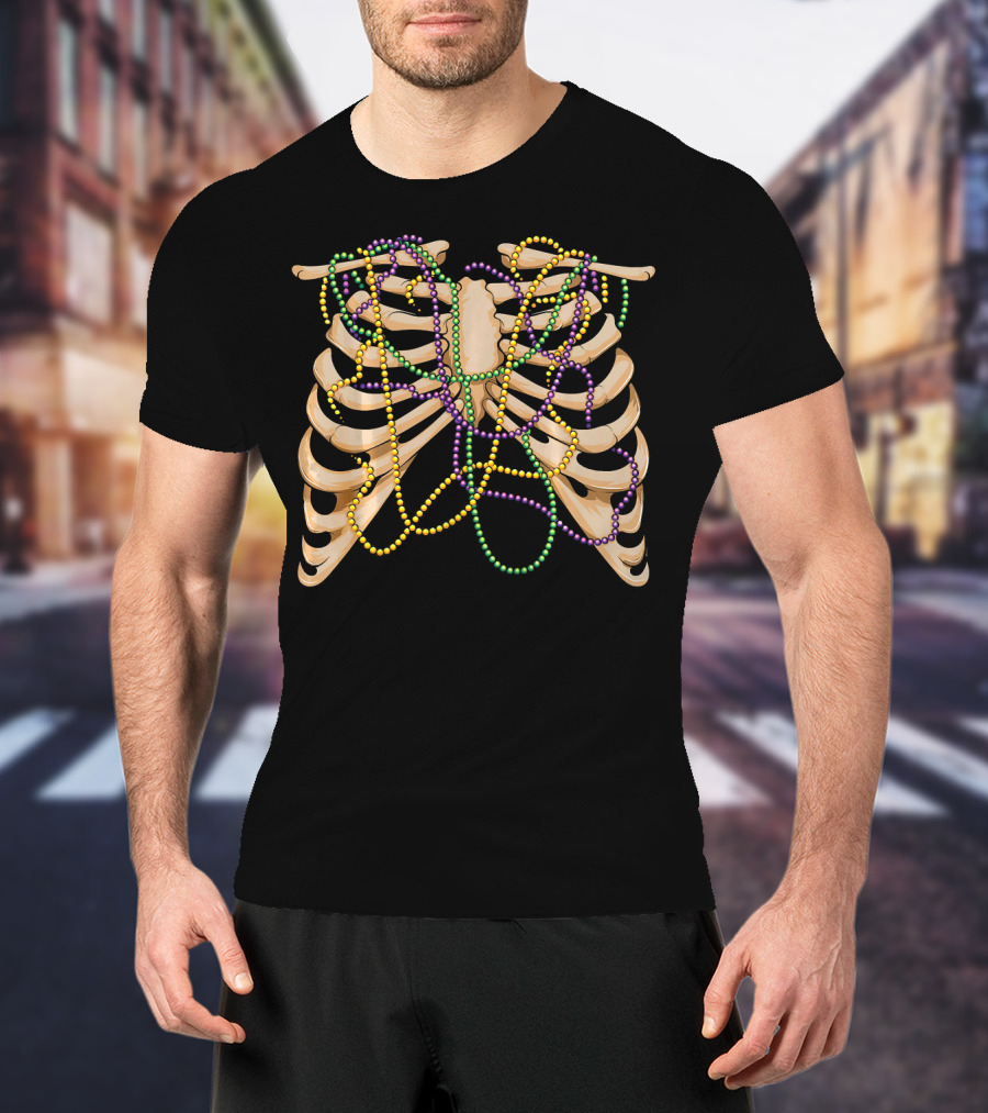 Mardi Gras Rib Cage Bone Skeleton Beads T-Shirt
