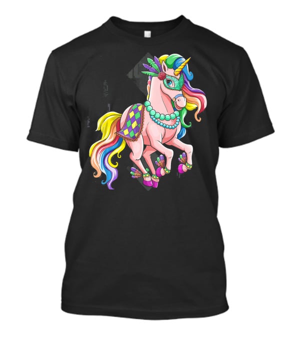 Mardi Gras Unicorn New Orleans Beads Mask Colorful Harlequin T-Shirt
