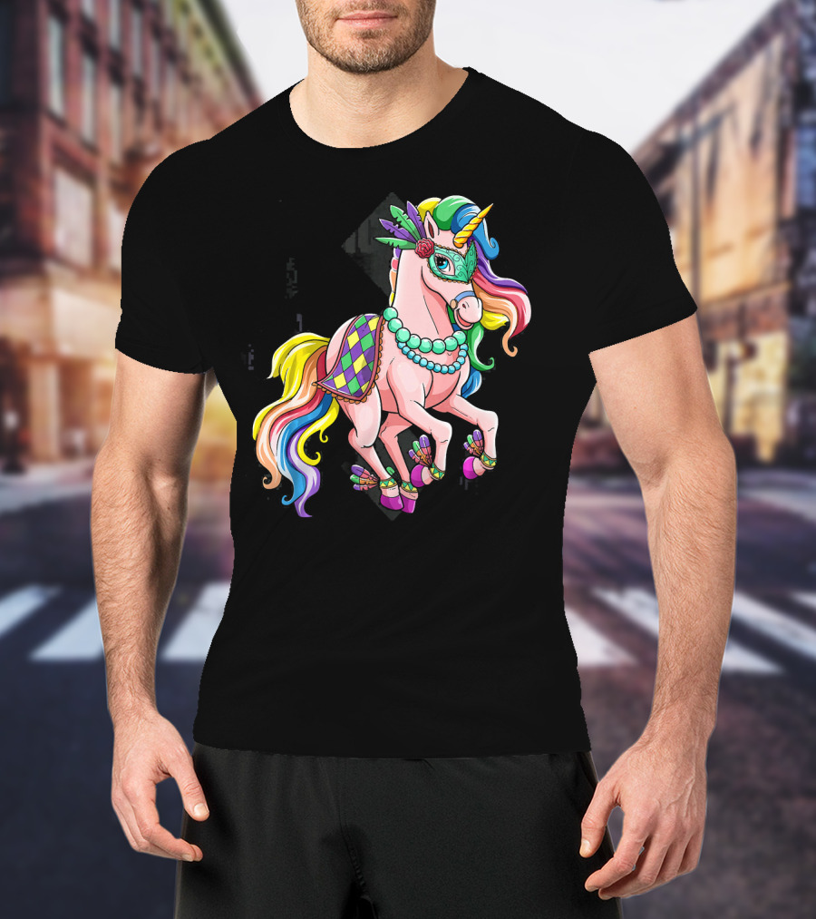 Mardi Gras Unicorn New Orleans Beads Mask Colorful Harlequin T-Shirt