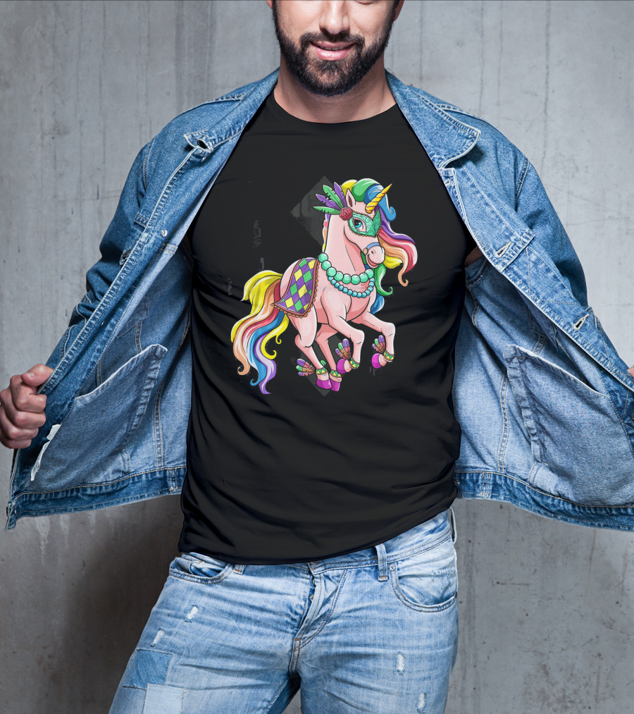 Mardi Gras Unicorn New Orleans Beads Mask Colorful Harlequin T-Shirt
