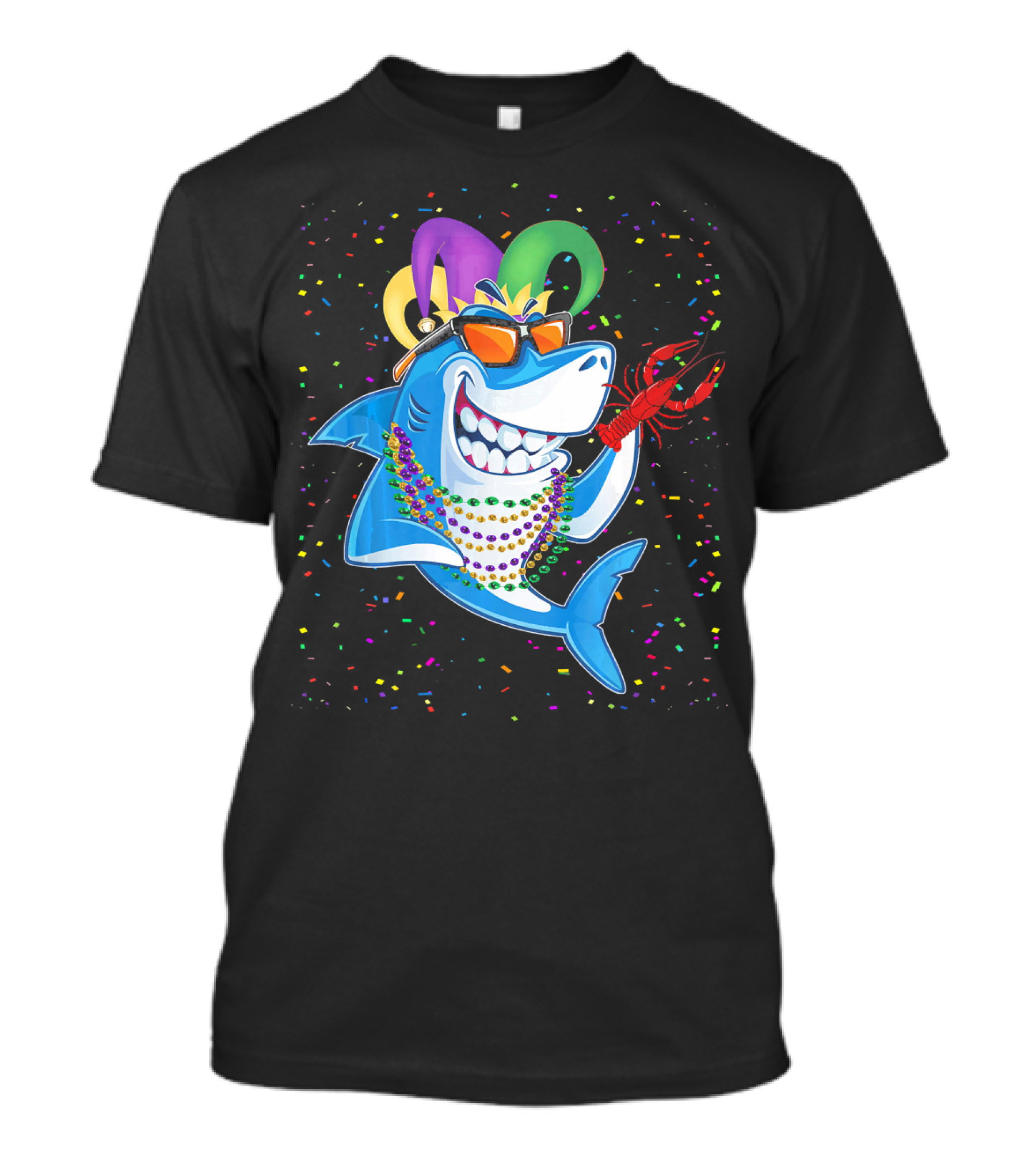 Funny Shark Mardi Gras Jester Beads Crawfish T-Shirt