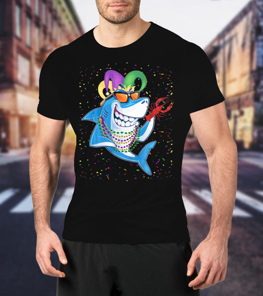 Funny Shark Mardi Gras Jester Beads Crawfish T-Shirt