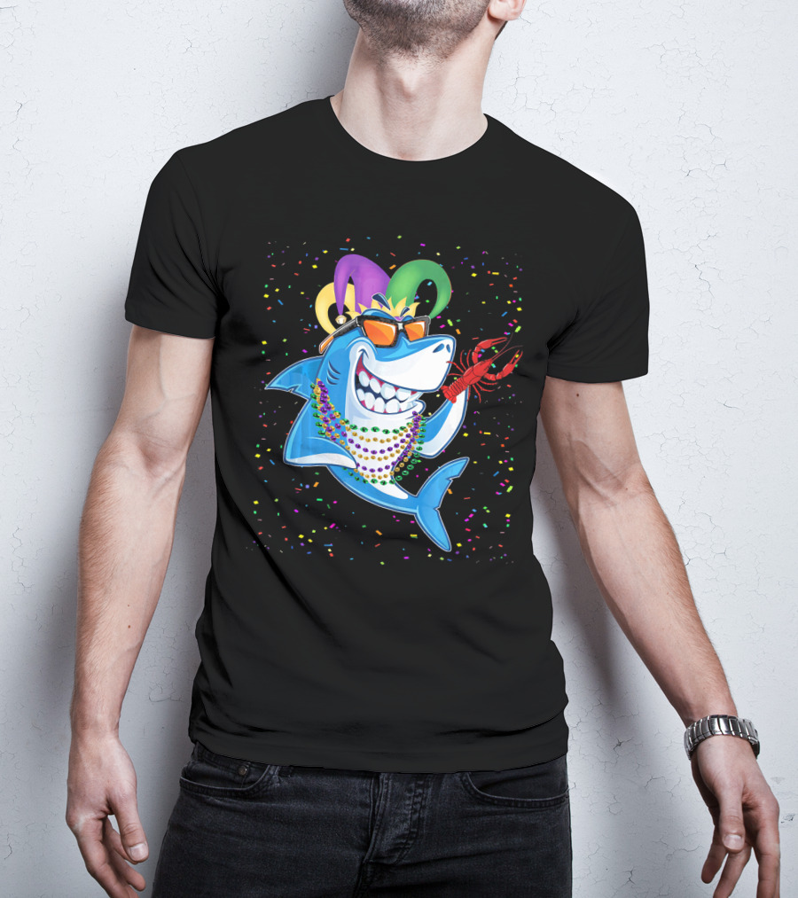 Funny Shark Mardi Gras Jester Beads Crawfish T-Shirt