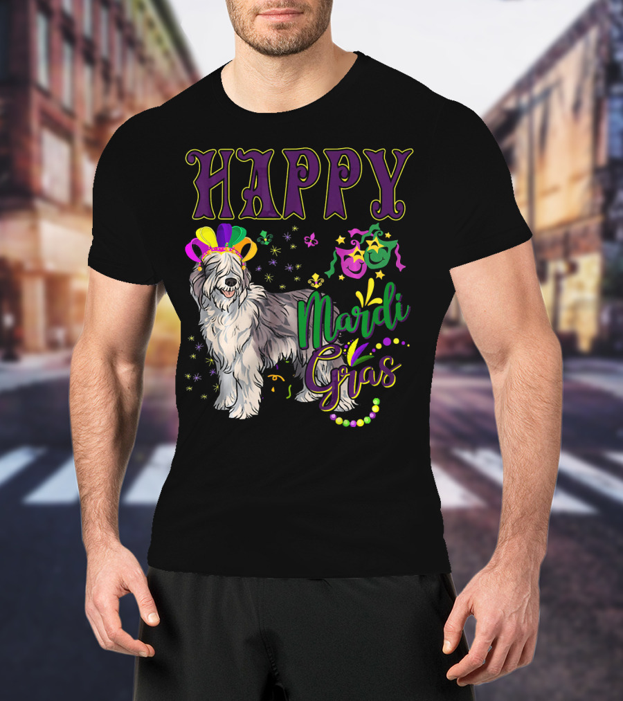 HAPPY Mardi Gras Olde English Sheepdog Mask Beads T-Shirt