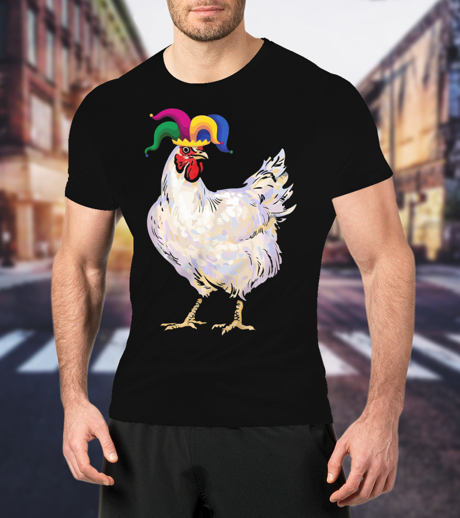 Funny Mardi Gras Chicken Wearing Colorful Jester Hat T-Shirt
