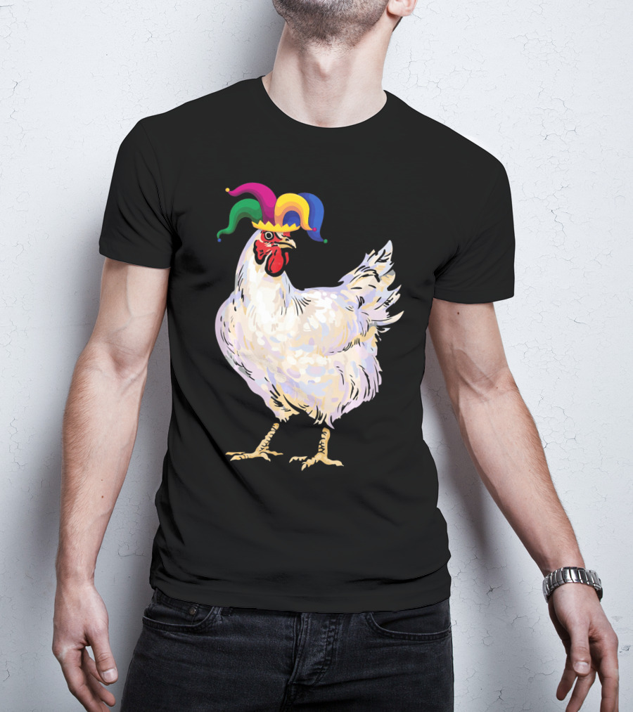 Funny Mardi Gras Chicken Wearing Colorful Jester Hat T-Shirt