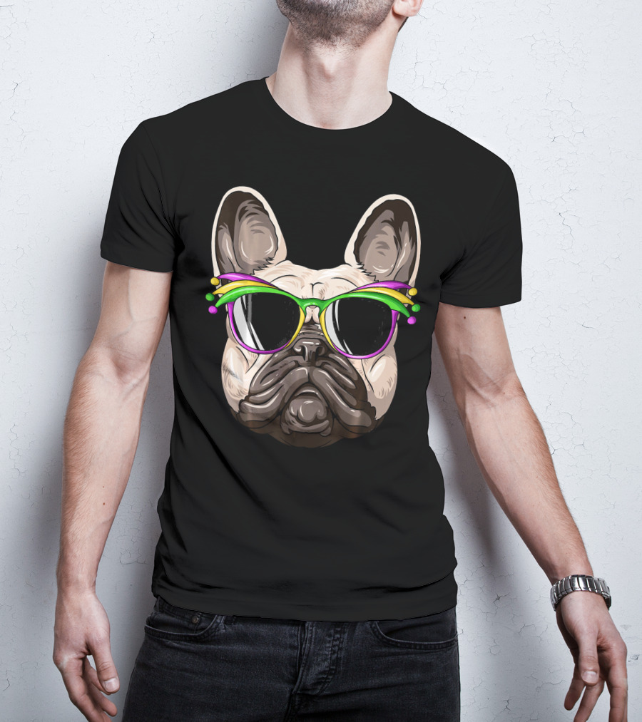 French Bulldog With Mardi Gras Jester Sunglasses T-Shirt