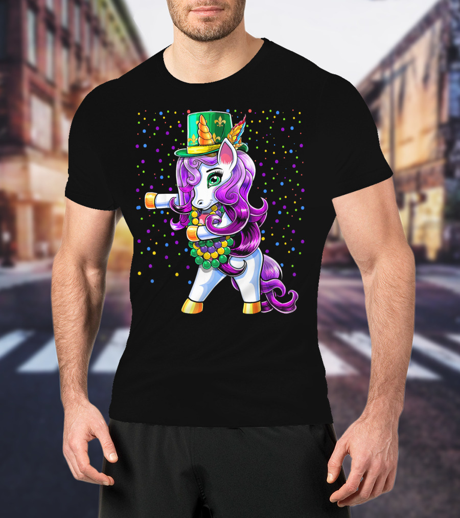 Mardi Gras Unicorn Flossing With Jester Hat And Beads T-Shirt