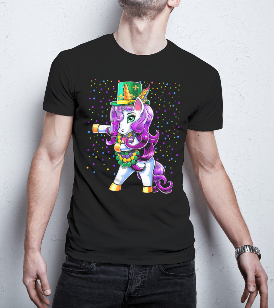 Mardi Gras Unicorn Flossing With Jester Hat And Beads T-Shirt