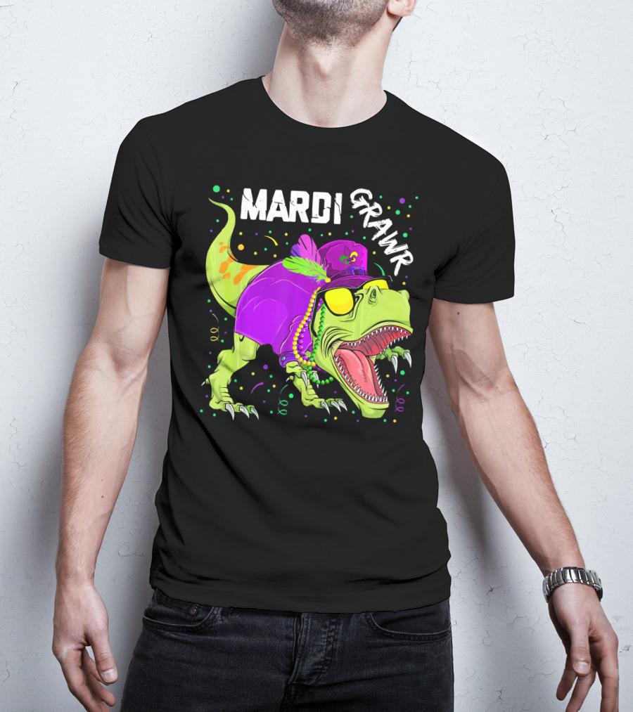 Mardi Grawr Dinosaur Mardi Gras Beads Cosplay Party T-Shirt