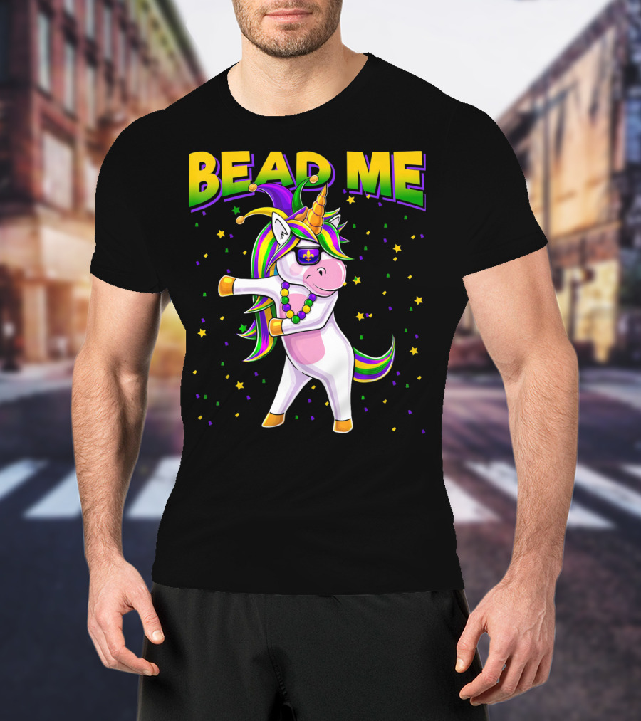 Bead Me Mardi Gras Flossing Unicorn Jest Fleur-de-lis Stars T-Shirt