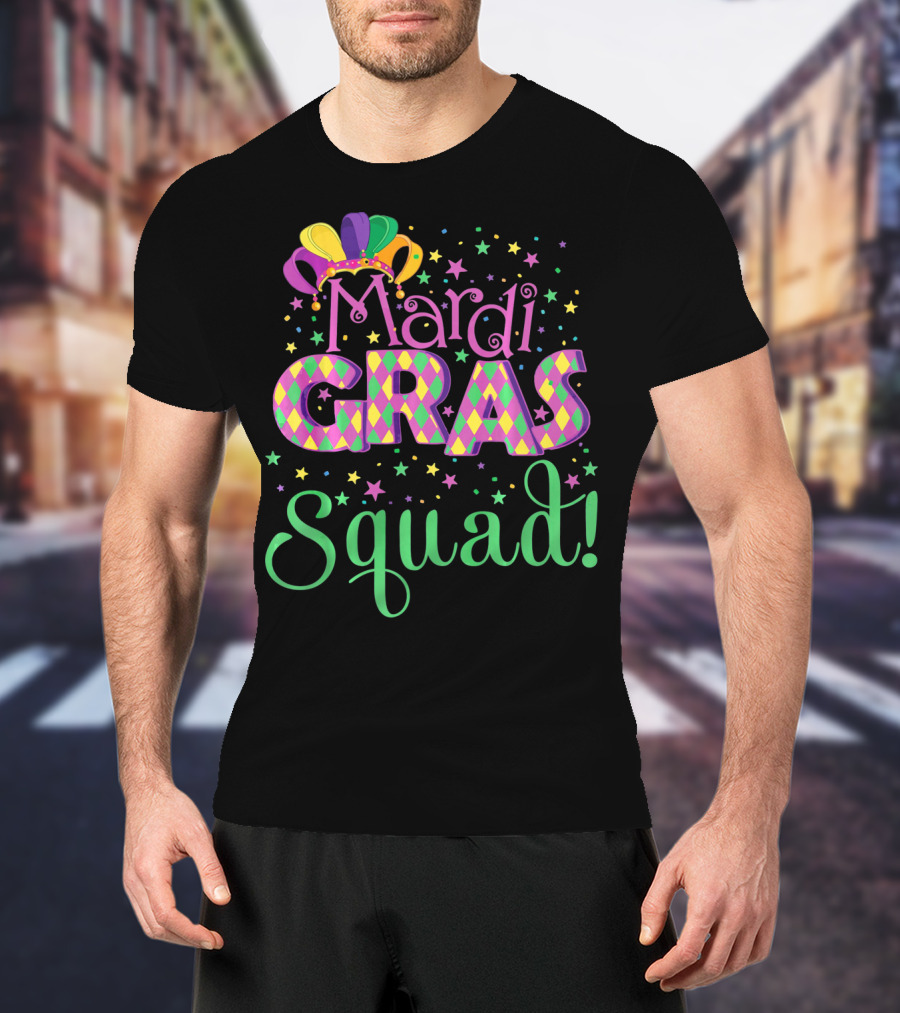 Mardi Gras Squad Funny Carnival Colorful Jester Hat And Stars T-Shirt
