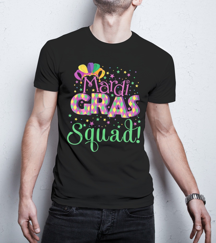 Mardi Gras Squad Funny Carnival Colorful Jester Hat And Stars T-Shirt
