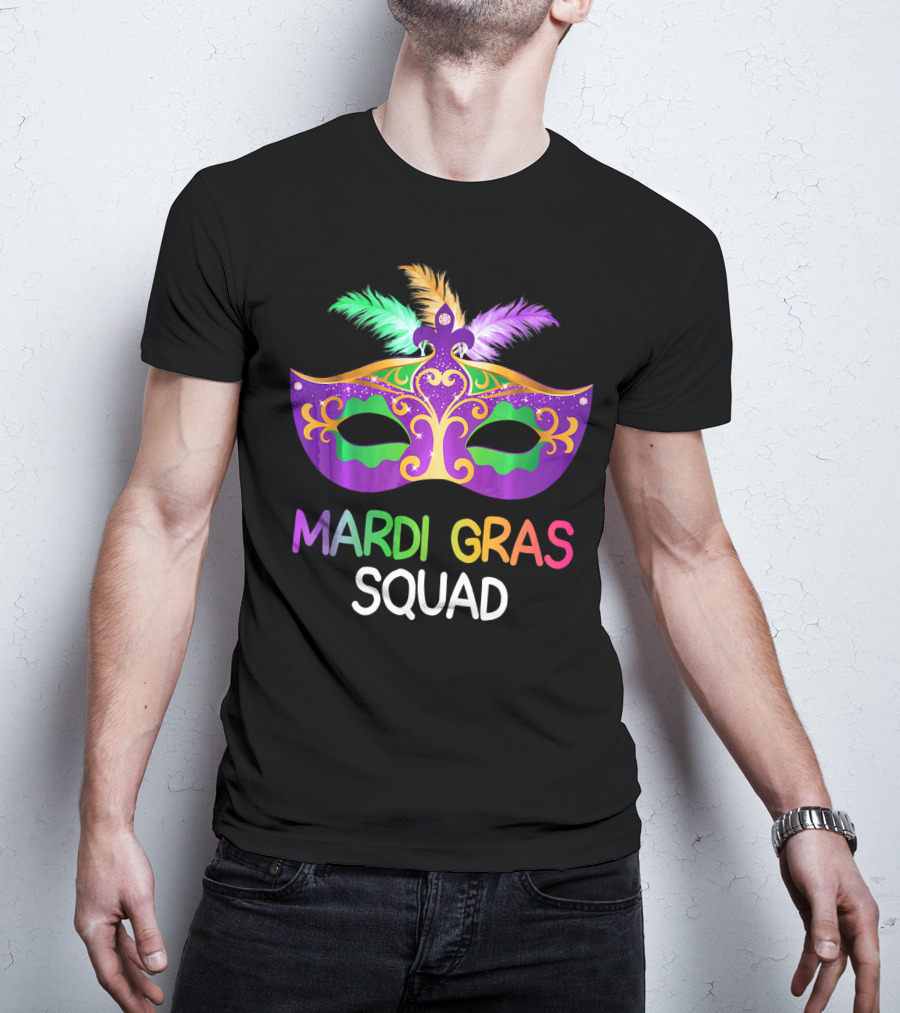 Mardi Gras Squad Colorful Mask Team Fun T-Shirt
